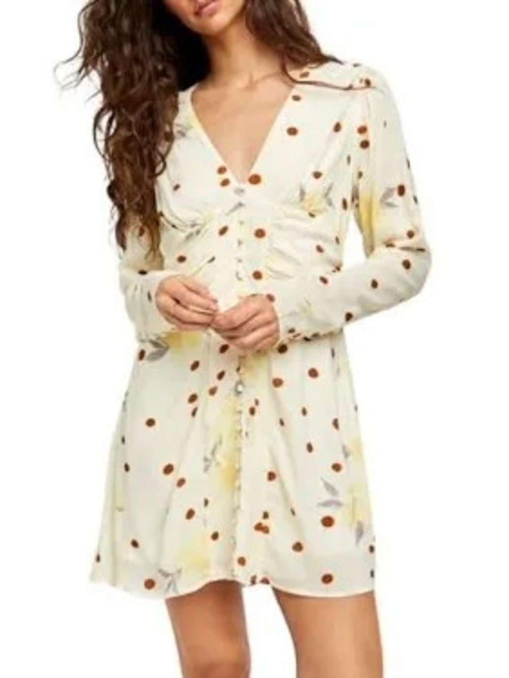Free People Cream Mini Dress  Brown Polka Dots W/ Ruched Body M